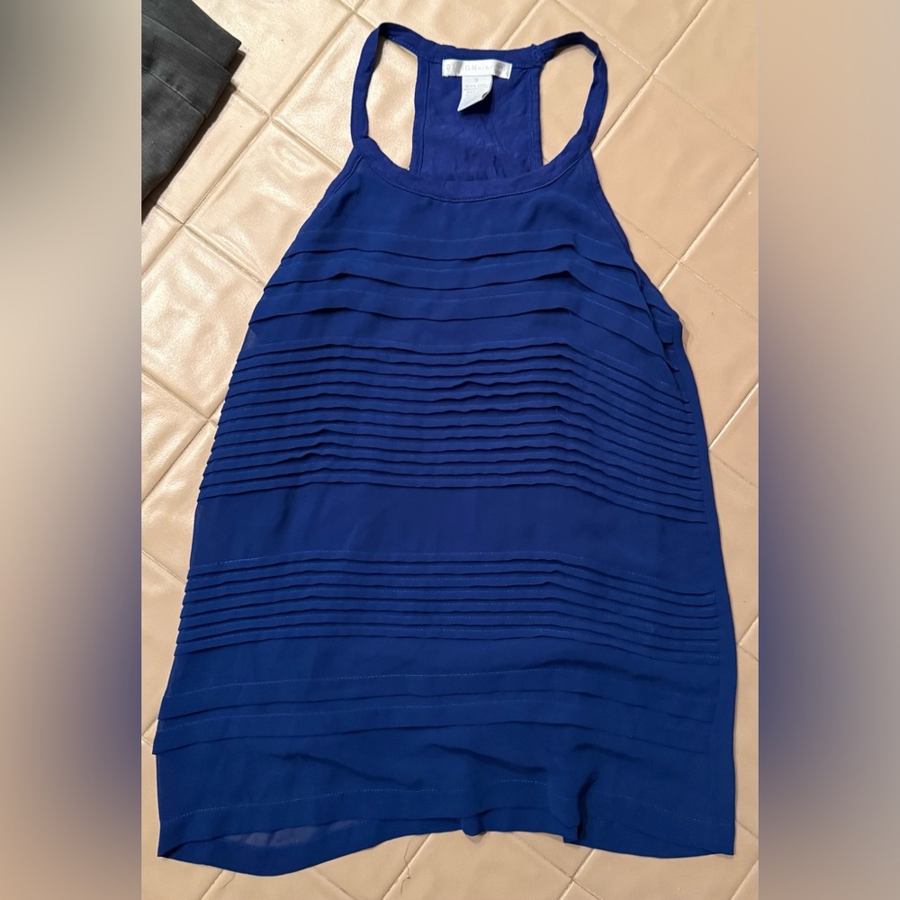 Design History Blue Sleeveless Blouse small S Silk Blend Pleated Racerback Top